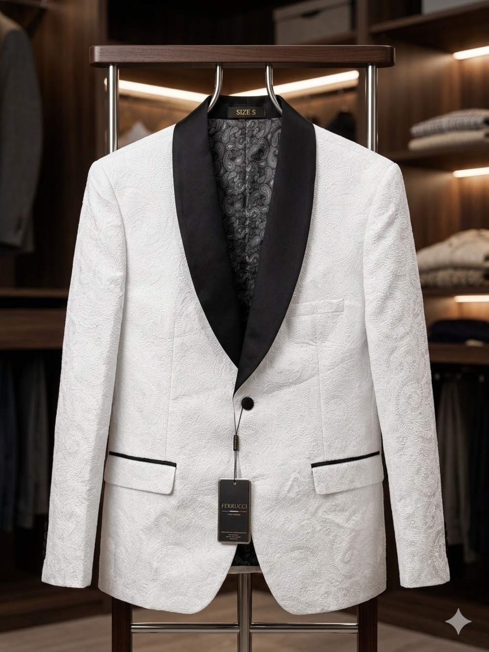 White Paisley Dinner Jacket with Black Shawl Lapel FERRUCCI